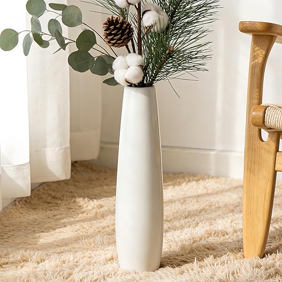 17.7" Tall White Ceramic Vase, Living Room, DiningBedroom, Modern Home Decor, Big Vase for Flowers, Glossy Glaze，Wedding Gift，Large Decorative Flower for