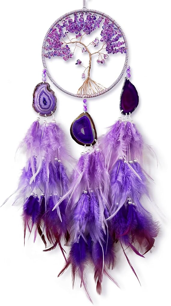 Purple Dream Catchers, Crystal Tree of Life Dreamcatcher | Large Dream Catcher with Agate Wall Decor for Teen Room Hangings Gifts for Girls Adults