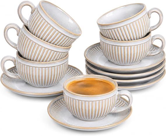 Set of 6 Espresso Cups with Saucers 90 ml - Espresso Cups Set Stoneware Coffee Cups Thick-Walled with Handle - Handmade Barista Coffee Cups - Pearl Grey