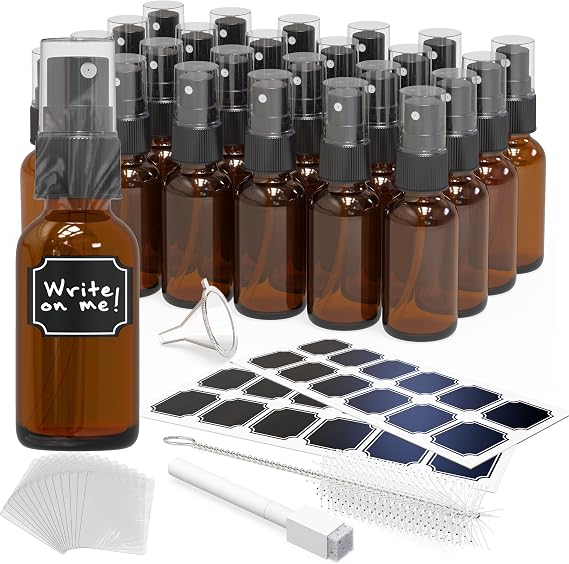 Nevlers 1 Oz Amber Glass Spray Bottles for Cleaning & Refreshment 24 Pack