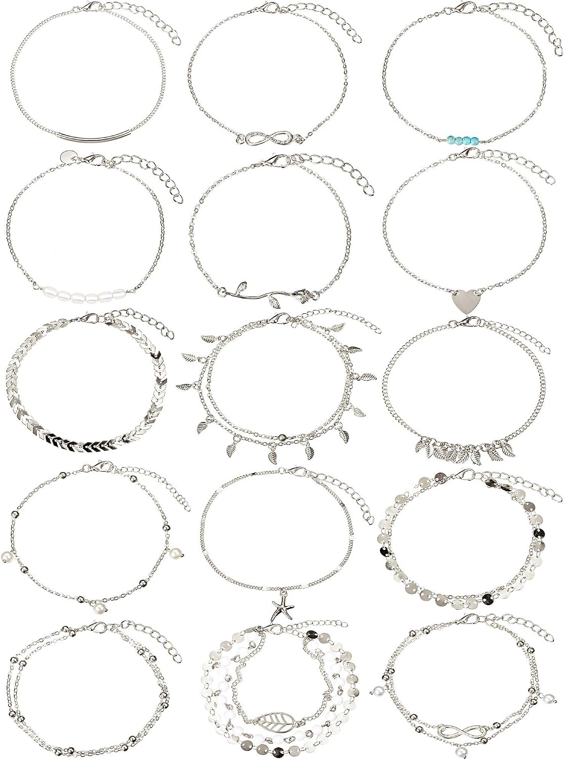 15 Pieces Boho Anklets Chains Bracelets Adjustable Beach Anklet Foot Jewelry Set for Women Girls Silver