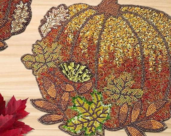 Set of 2 Pumpkin Handmade Bead placemat, Beaded Charger, Beaded Table mat, Multicolor Centrepiece, Gift for her, Embroidered ZARIMOON, 14x14