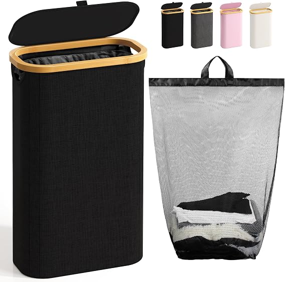 Bathola Slim Laundry Hamper with Lid, 75L Small Laundry Basket, Black