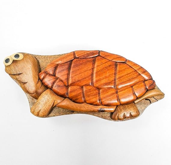 Turtle Wood Puzzle Box Handcrafted Hardwood with Felt Lined Interior and High Gloss Finish