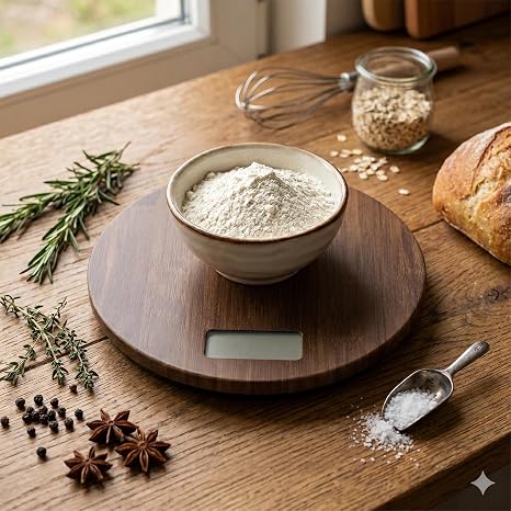 Doğal Akasya Ahşap Dijital Mutfak Terazisi, 5 KG Kapasiteli Hassas Yemek ve Kahve Tartısı, Minimalist Tasarım (Yuvarlak)