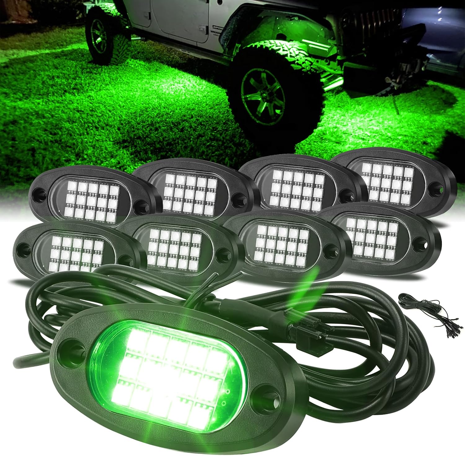 Winunite 8 Pods Quick Connect Green Rock Lights, 4M Extension Wires Each Light, 15 SMD Chips, High Adhesive Stickers, IP67 Waterproof, Rock Lights for Trucks Trailer Cars SUV ATV UTV Boats