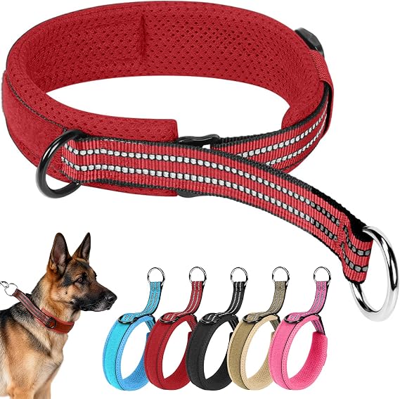 Martingale Dog Choke Collar, Reflective Adjustable Nylon Dog Training Collar, Padded Escape-proof Anti-pull Pet Collars for Narrow Head Canines, No Pull P-Collar for Medium Large Dogs (Red, M)