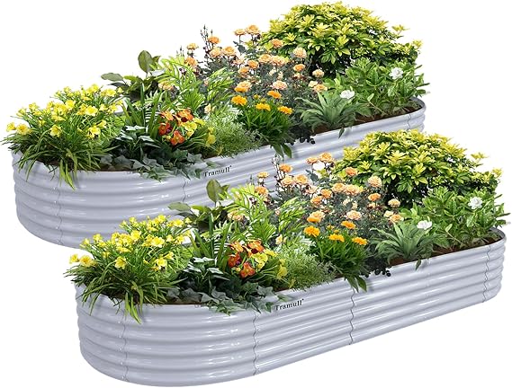 2 Pack 8x3x1.5FT Galvanized Raised Garden Bed Kit Oval Metal Ground Planter Box Outdoor Bottomless Planter Raised Beds for Vegetables Flowers Herbs Fruits, Gray