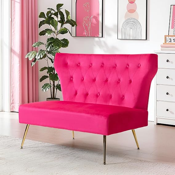 ZJhome Small Velvet Sofa, Soft Upholstered 40 Armless Loveseat Couch with High Density Foam, Modern Tufted Cushion with Gold Legs for Bedroom, Dorm, Apartment, Girls, Teens, Easy Assembly,Fuchsia