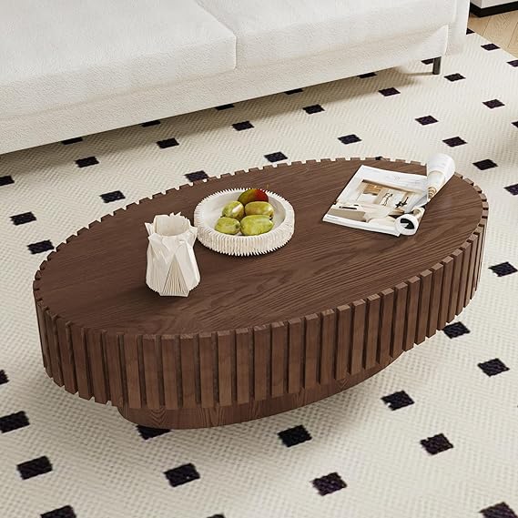 Oval Drum Coffee Table Handcrafted Fluted Coffee Table (43.3" Brown Oval)
