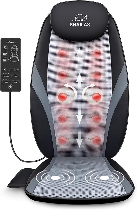 Snailax 2026 Shiatsu Back Massager with Heat, Pain Relief Massage Chair Pad | 4 Kneading Nodes Massage Full Back Areas, Spot Control, Adjustable Speeds, Adjustable Intensity, Soothing Heat,Seat Vibration