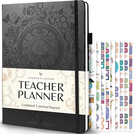Legend Teacher Planner, Undated Weekly & Monthly Lesson Plans, Black | 8.5 x 11.5 in, eco leather bound, year-round classroom & homeschool organization,school student teaching calendar grade book
