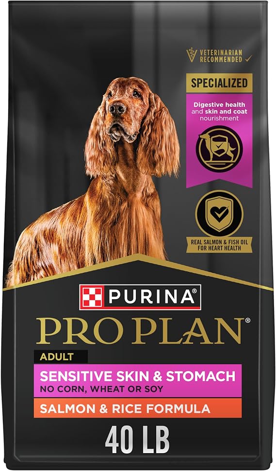 Purina Pro Plan Sensitive Skin and Stomach Dog Food Dry, Adult Salmon & Rice Formula, Digestive Health - 40 lb. Bag | Real Salmon & Rice Formula, with prebiotic fiber, easily digestible with omega-6 fatty acids for a healthy skin and coat