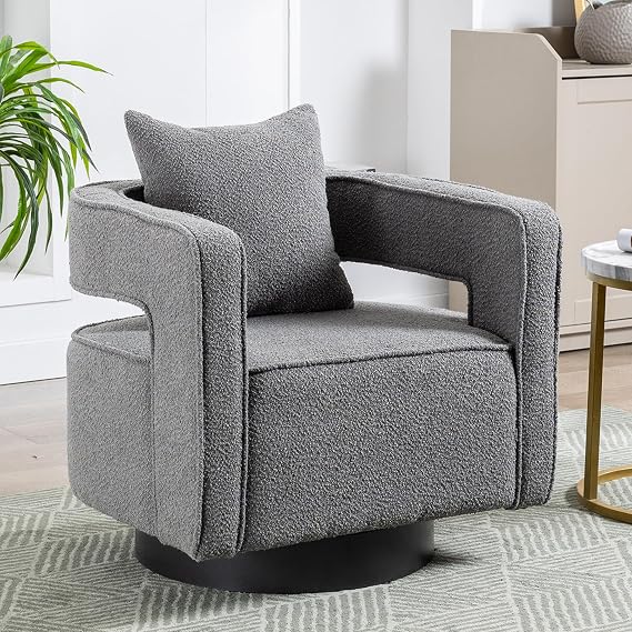 Swivel Accent Chair, Modern Swivel Barrel Chair for Living Room, 360 Degree Comfy Square Accent Chair with Open Back, Upholstered Armchair for Bedroom,Reading, Boucle, Dark Gray