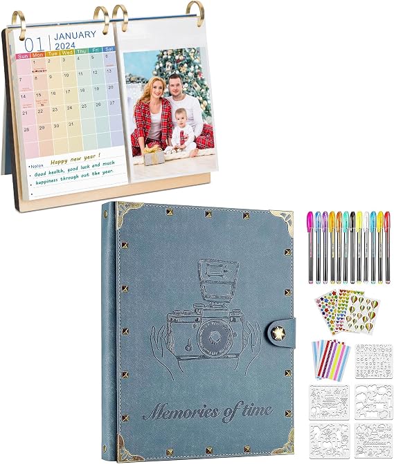 ZEEYUAN 4x6 Vertical Flip Photo Album With 2024-2025 Desktop Calendar, and Leather Scrapbook Photo Album Scrapbooking Supplies Kits