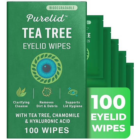 100PCs Tea Tree Eyelid Wipes Cleaning Eye Wipes for People with Dry Eyes & Allergies Gentle Eyelid Cleanser with Hyaluronic Acid, Chamomile and Aloe Individually Wrapped & Biodegradable