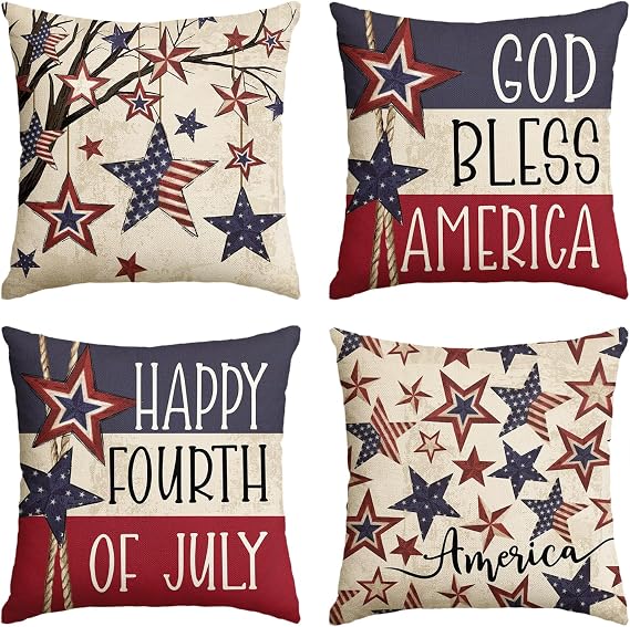 AVOIN colorlife God Bless America Stars Tree Throw Pillow Covers, 18 x 18 Inch 4th of July Patriotic Independence Memorial Day USA Flag Cushion Case for Sofa Couch Set of 4