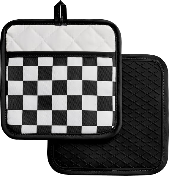 Ohocut Checkered Pot Holder, Black and White Checkerboard Potholders for Kitchen, Silicone Pot Holders with Pocket for Kitchen Clearance 2 Pack Set, Hot Pads and Oven Mitts for Cooking Baking