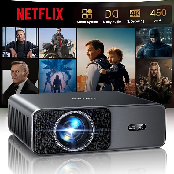 Smart ProjectorCompatible with Netflix4K Projector with WiFi 6 and 2-Way Bluetooth, AI Auto Focus & Keystone, 20W Dolby Audio,Built-in Apps,TOPTRO A1 Portable Proyector for Outdoor / Home Movie