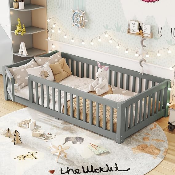 Bellemave Twin Montessori Floor Bed Frame with Slats,Gray
