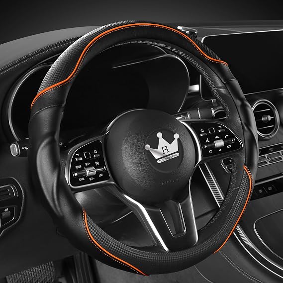 HighnessHwoo 3D Car Steering Wheel Cover Comfort Grip Massage Sporty Anti-Slip Carbon Fiber Faux Leather for F150, Trucks, Jeep, Van, Car Handle Covers for All Seasons, 39-41cm, Orange