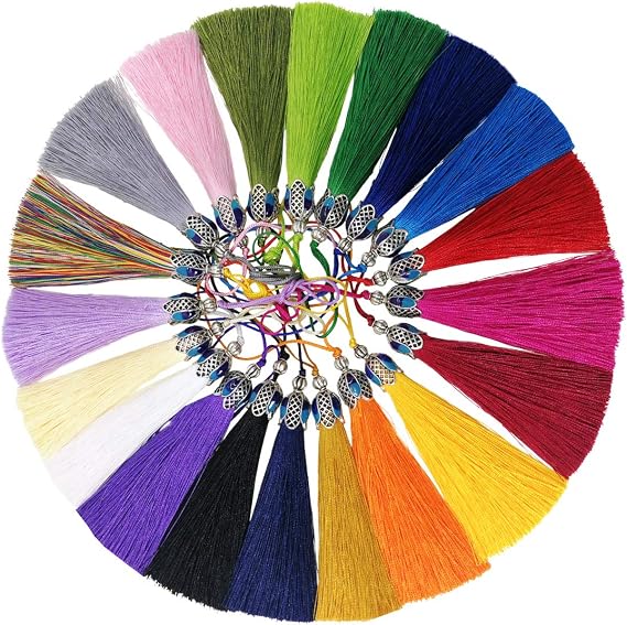 6" Assorted Silk Mala Tassels 19pcs for Bookmarks,Crafts