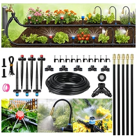 Irrigation System Kit for Small Garden: 15M(50FT) Micro Drip Watering Equipment Quick Connect 6mm OD PE Water Hose Pipe & Adjustable Sprinkler Misting Nozzles for Raised Flower Beds Outdoor Greenhouse