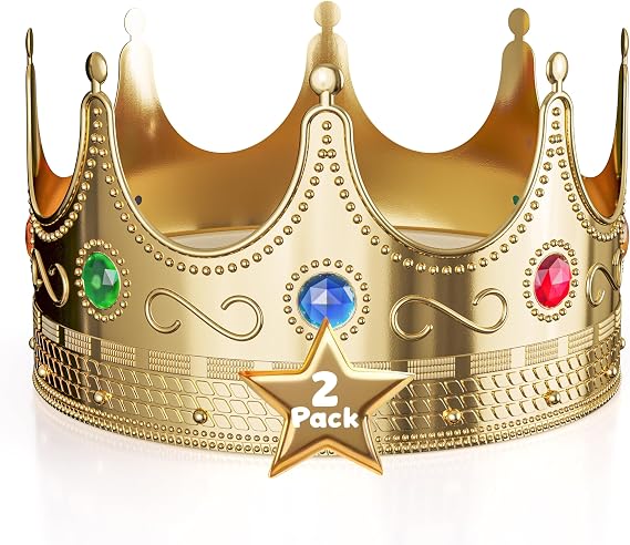 Crown Display Gold Royal Queen and King Crown Luxurious Royal Crowns for Women and Men - 2 Pack 0.75" x 8" Perfect for Parties Prom King Regal Decor & Crowns for Royalty Themed Events