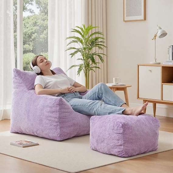 INMOZATA Bean Bag Chair with Ottoman for Kids, Teens & Petite, Cloud Boneless Couch, Memory Foam Beanbag Set, Plush Corduroy Comfy Chair for Bedroom, Playroom & Reading Nook (Purple)