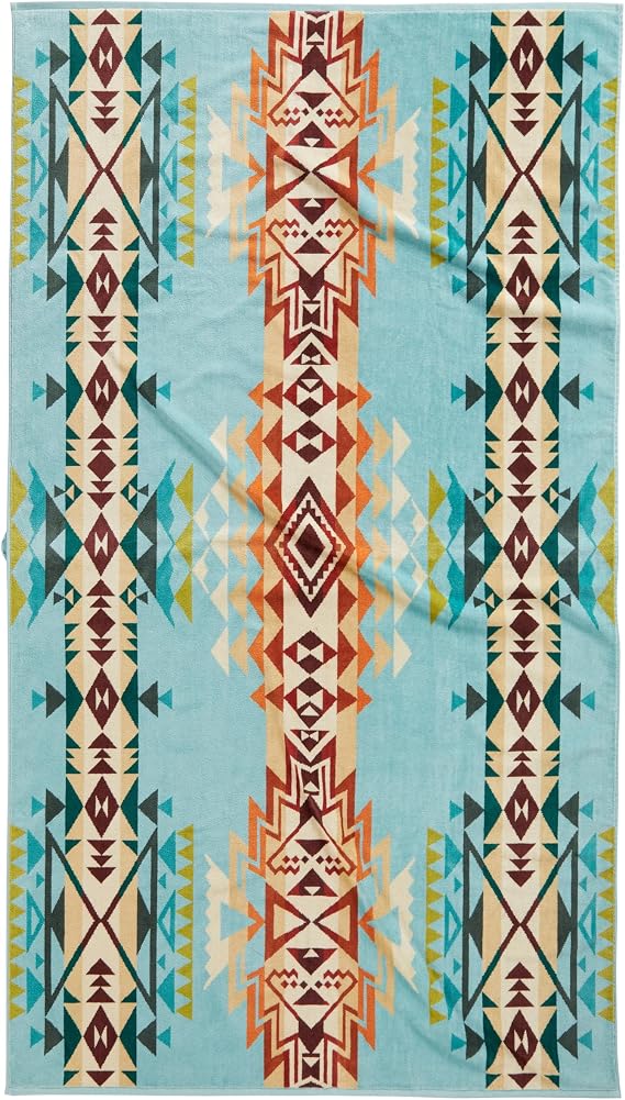 Pendleton Oversized Jacquard Spa Towel, 40 x 70 Inches, Soft Cotton Fabric | for the Beach, Hot Tub, Pool - Highland Peak Aqua