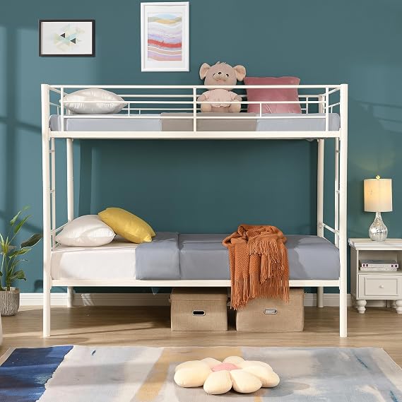 Twin Over Twin Bunk Bed with Built-in Ladder and Safety Guardrail