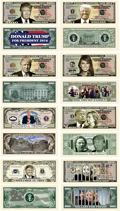American Art Classics Trump Presidential Collectors 8 Bill Set: Commander in Chief, 2016, 2016 Victory, Legacy, 2017, Trump and Melania and Hillary for Prison Note