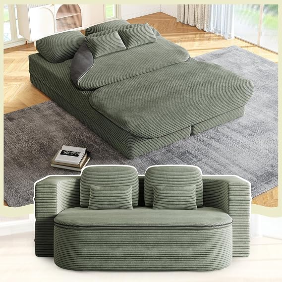 Antetek Convertible Sleeper Sofa, Modern Folding Futon Corduroy Floor Foam Compression Loveseat Sofa Bed Couch, Foldable Full Size Guest Bed with 4 Pillows for Living Room Bedroom Apartment, Green