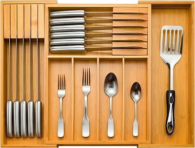 Bambüsi Drawer Organizer - Expandable Kitchen for Utensils, Cutlery, and Silverware Utensils Utensil