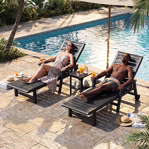 Outdoor Chaise Lounges, Patio Lounge Chair, Black with Wheels, Set of 2