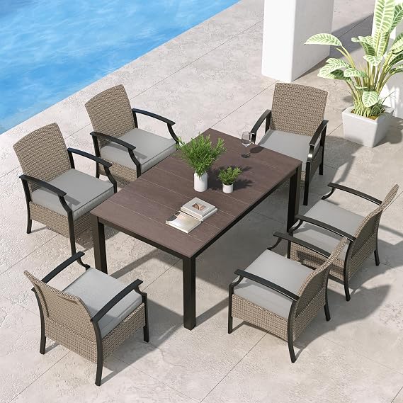 Grand patio 7 Pieces Outdoor Dining Sets, E-Coated Dining Chairs Traditional Wicker Patio Furniture for 6, Including Chairs with Cushions & Wood Grain Table with Umbrella Hole for Backyard, Deck
