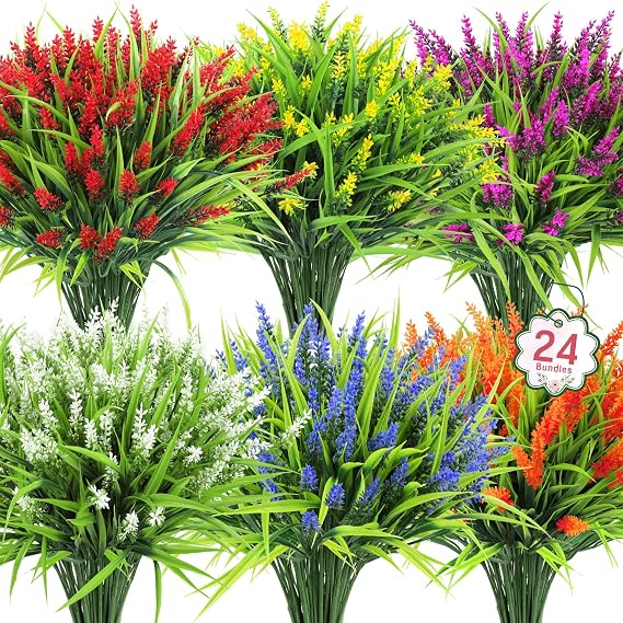 Ouddy Decor 24 Pcs Artificial Flowers for Outdoors Fake Lavender, Mixed