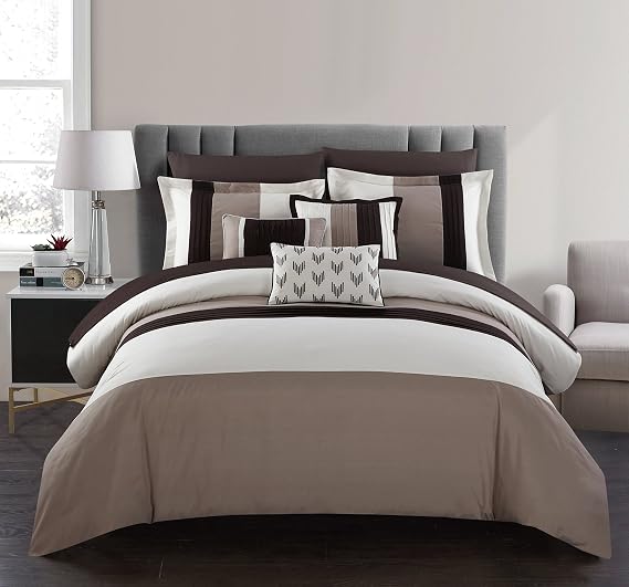 Chic Home Beige Bed in a Bag Comforter Set, Queen Size (10 Pieces), Ayelet - Color Block Stripe Premium Microfiber Bedding - Comforter, Flat & Fitted Sheets, Shams, Pillowcases & Decorative Pillows