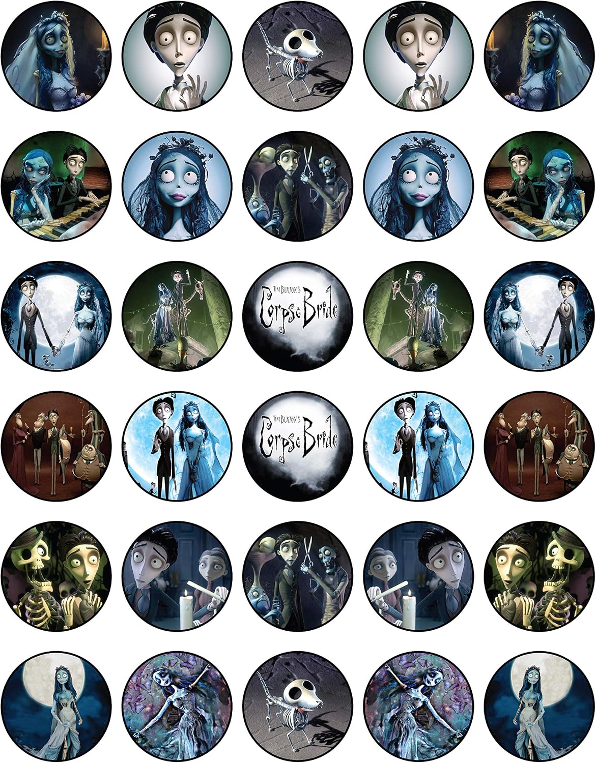 30 x Edible Cupcake Toppers Themed of Tim_Burtons CORPSE BRIDE Collection of Edible Cake Decorations | Uncut Edible on Wafer Sheet