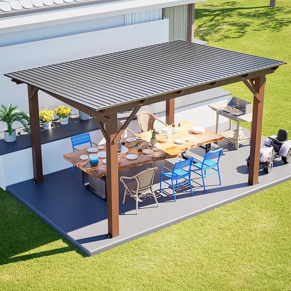 13x9.5 FT Outdoor Wood Gazebo with Sloping Metal Roof, Heavy-Duty Wooden Hardtop Gazebos, Patio Wooden Grill Pergola Shade for Deck Poolside Backyard Garden