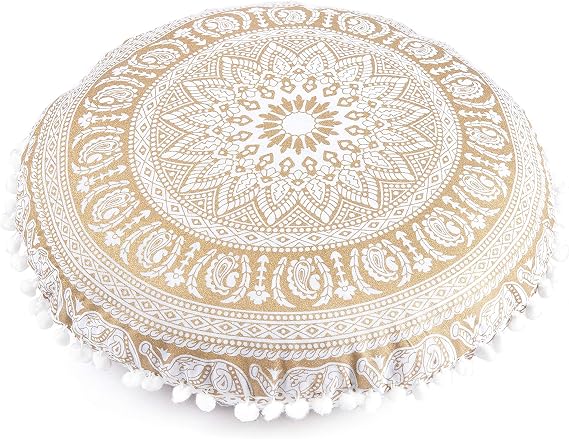 Popular Handicrafts Floor Pillow Cushion Cover - Hippie Elephant Mandala Cushion Cover Large Cotton - Pouf Cover Round Bohemian Yoga Decor, 18" White Gold