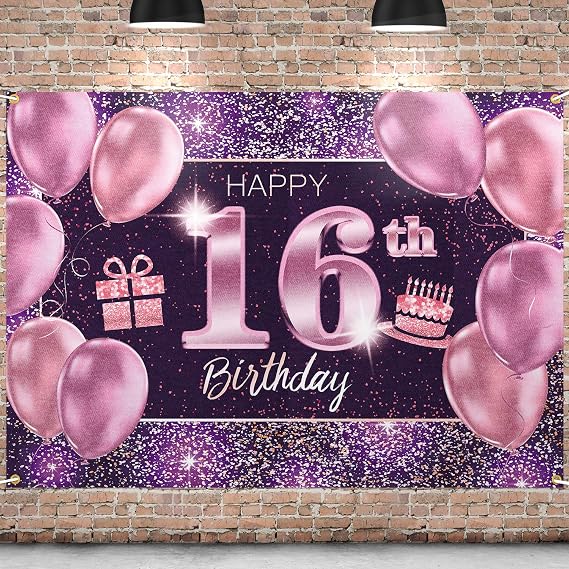 Happy 16th Birthday Banner Backdrop - 16 Birthday Party Decorations Supplies for Girl - Pink Purple Gold 4 x 6ft
