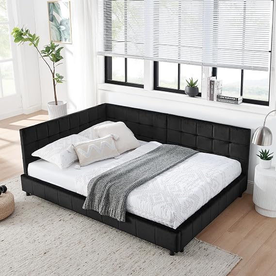 Bellemave Full Size Corner Bed Frame with Comfortable Backrest and Armrests, Velvet Tufted Corner Bed Frame Full Size, Upholstered Daybed for Bedroom, Living Room, Guest Room, Black