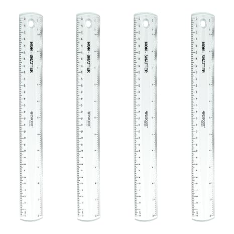 Westcott 12-Inch Flexible Shatterproof Rulers, Flexible Design with Easy-to-Read Markings, for Home, Office, Classroom, Back to School, School Supplies, 4 Pack