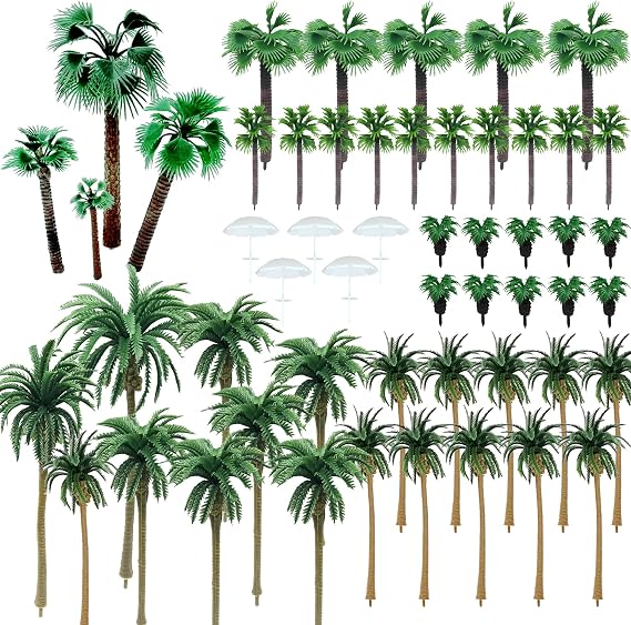 Woohome 44 PCS Coconut Palm Trees with 5 Mini Umbrellas, Mixed Trees for Model Train Railway Architecture Diorama DIY Scenery Landscape