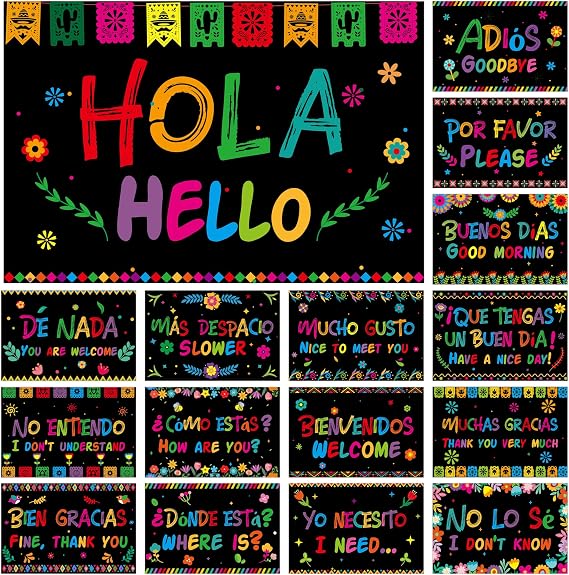WATINC Spanish Words Phrases Poster - 16pcs Spanish Posters Set Classroom Decorations, Preschool Bilingual Study Learning Materials Teacher Supplies, Educational Language Bulletin Board (Black Scrawl)