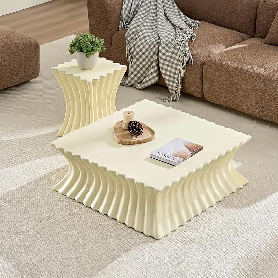 Drum Coffee Table Set of 2,Square Marble Grain Coffee Table Set with Nightstand,Circle NestingTable Set for Living Room, Bedroom, Apartment, Office No Need Assembly