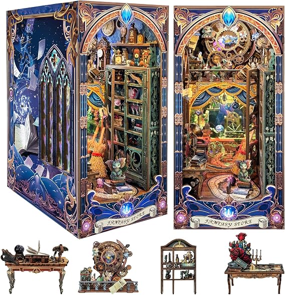 Roroom DIY Book Knook Kit, DIY Dollhouse Bookshelf Insert Decorative Alley, 3D Wooden Puzzle LED Lighted Book Nook Wooden Bookends Model Building Fantasy Store-SQ25