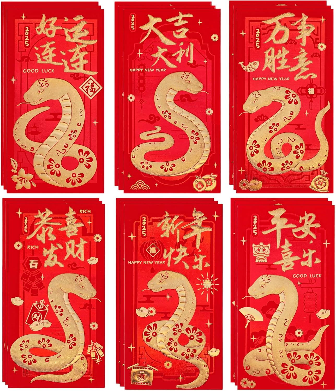 Chinese New Year Red Envelopes, 2025 Chinese Lunar New Year of the Snake Large Envelope Lucky Money Hong Bao Red Packet with 6 Different Gold Embossed Patterns 18 Pcs 6.69  3.54in
