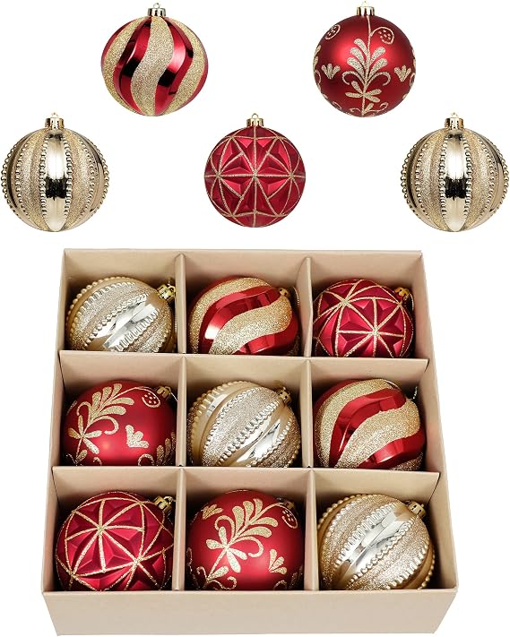 Valery Madelyn Large Christmas Tree Decorations Ball Ornaments 9ct | 3.94 Inches Red and Gold Shatterproof Christmas Decorations Set, Luxury Hanging Ornaments for Xmas Bulk Holiday Decor